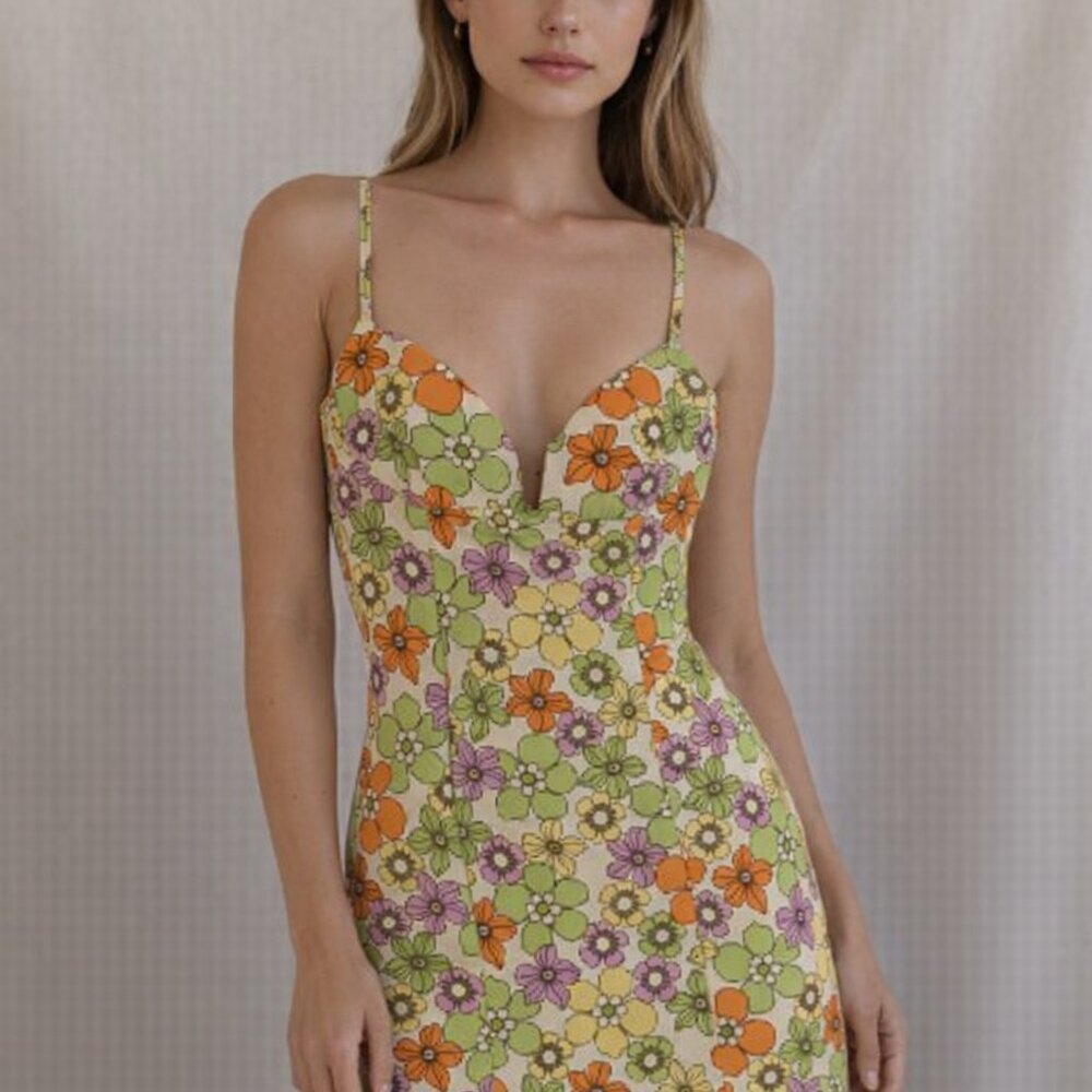 Zara Green Floral Spaghetti-Strap Mini Dress with Orange & Purple Accents